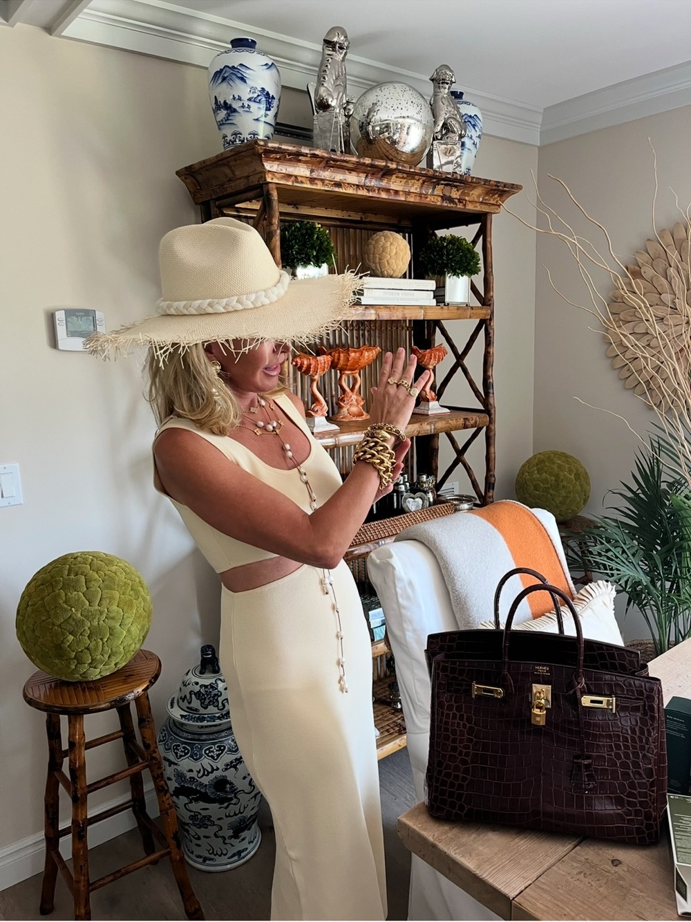 Luxury Cream Cutout Maxi Dress with Straw Hat - Unbranded